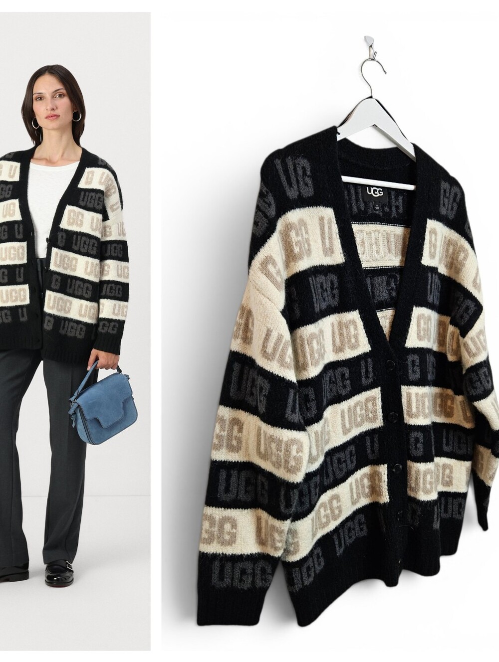 UGG Cardigan Sweater M Wool Blend Logo Black Cream Stripe V Neck Button Knit